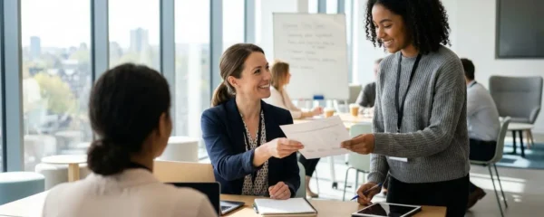 Deux professionnels échangeant des documents dans un espace de formation contemporain avec lumière naturelle