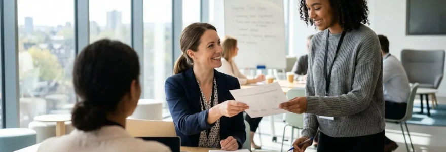 Deux professionnels échangeant des documents dans un espace de formation contemporain avec lumière naturelle