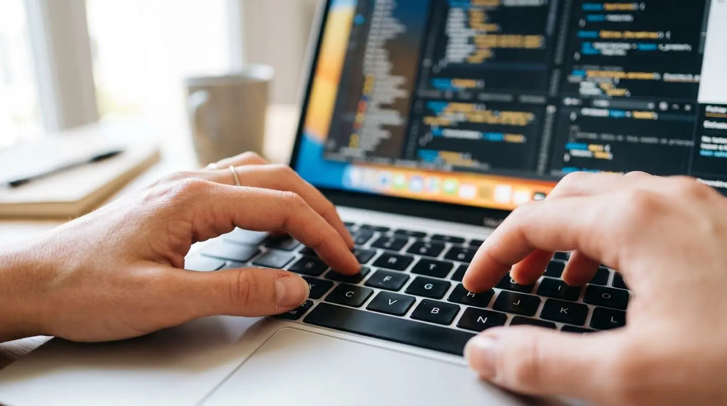 Gros plan sur des mains tapant sur un clavier d'ordinateur portable avec écran de formation en arrière-plan flouté