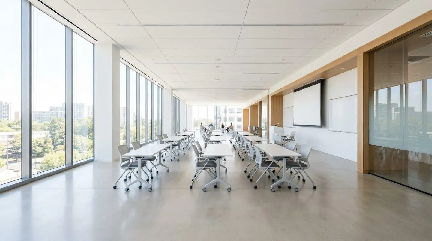 Salle de formation contemporaine vide avec mobilier design et grande baie vitrée laissant entrer la lumière naturelle