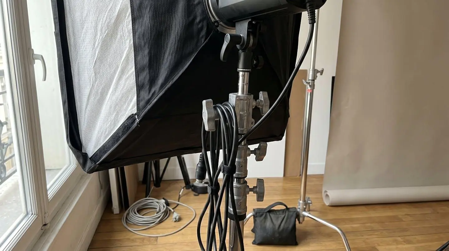 Détail d'un softbox professionnel monté sur pied avec câbles et système de fixation dans un studio photo parisien moderne