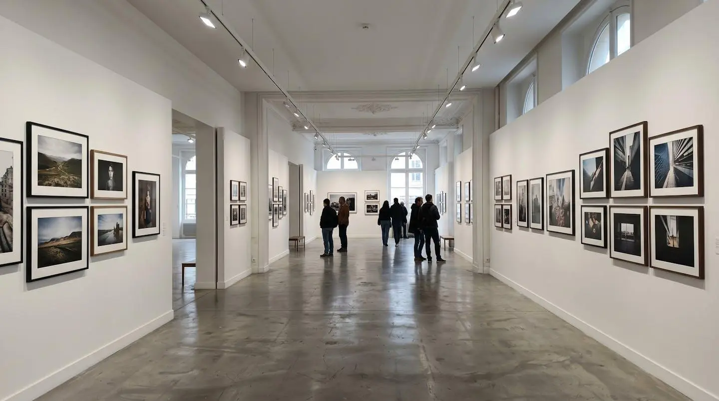 Espace d'exposition photographique contemporain avec tirages encadrés accrochés sur murs blancs dans une galerie parisienne moderne