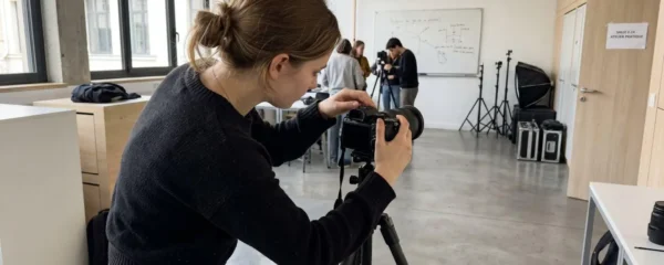 Étudiant en photographie réglant les paramètres d'un appareil photo professionnel lors d'un cours pratique dans une salle lumineuse à Paris