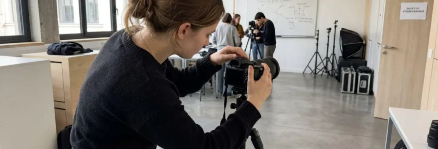 Étudiant en photographie réglant les paramètres d'un appareil photo professionnel lors d'un cours pratique dans une salle lumineuse à Paris
