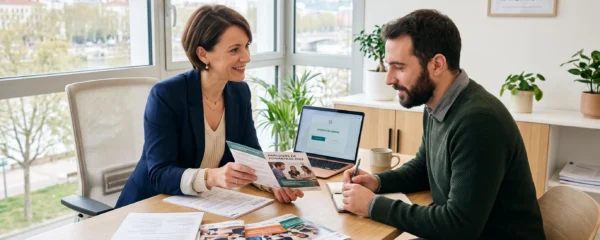 Conseillère en formation présentant des brochures de parcours à un candidat lors d'un entretien personnalisé dans un centre de formation lyonnais contemporain certifié QUALIOPI