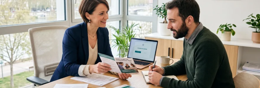 Conseillère en formation présentant des brochures de parcours à un candidat lors d'un entretien personnalisé dans un centre de formation lyonnais contemporain certifié QUALIOPI