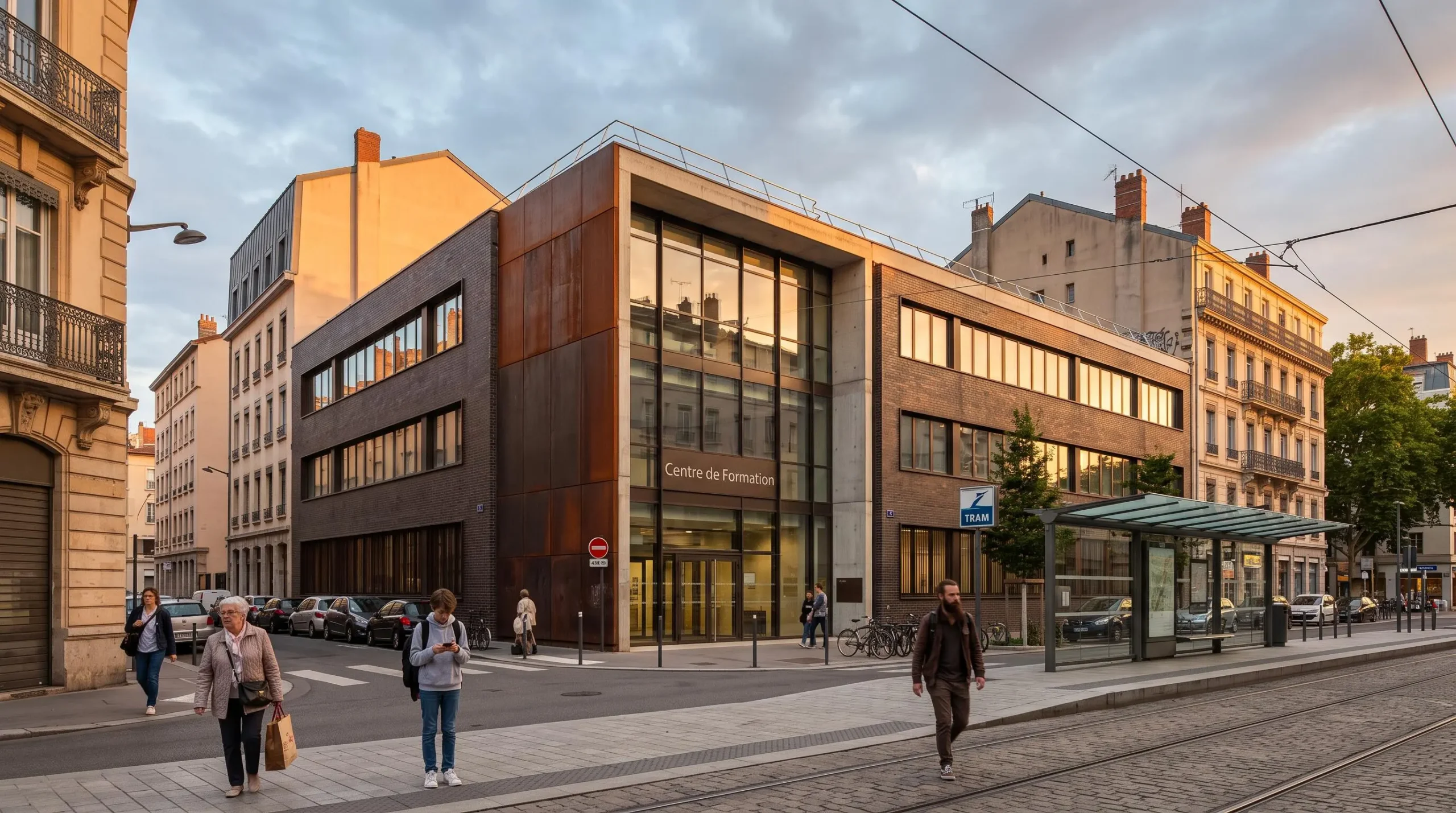 Façade moderne d'un centre de formation situé dans un quartier urbain bien desservi de Lyon, avec arrêt de transport en commun à proximité