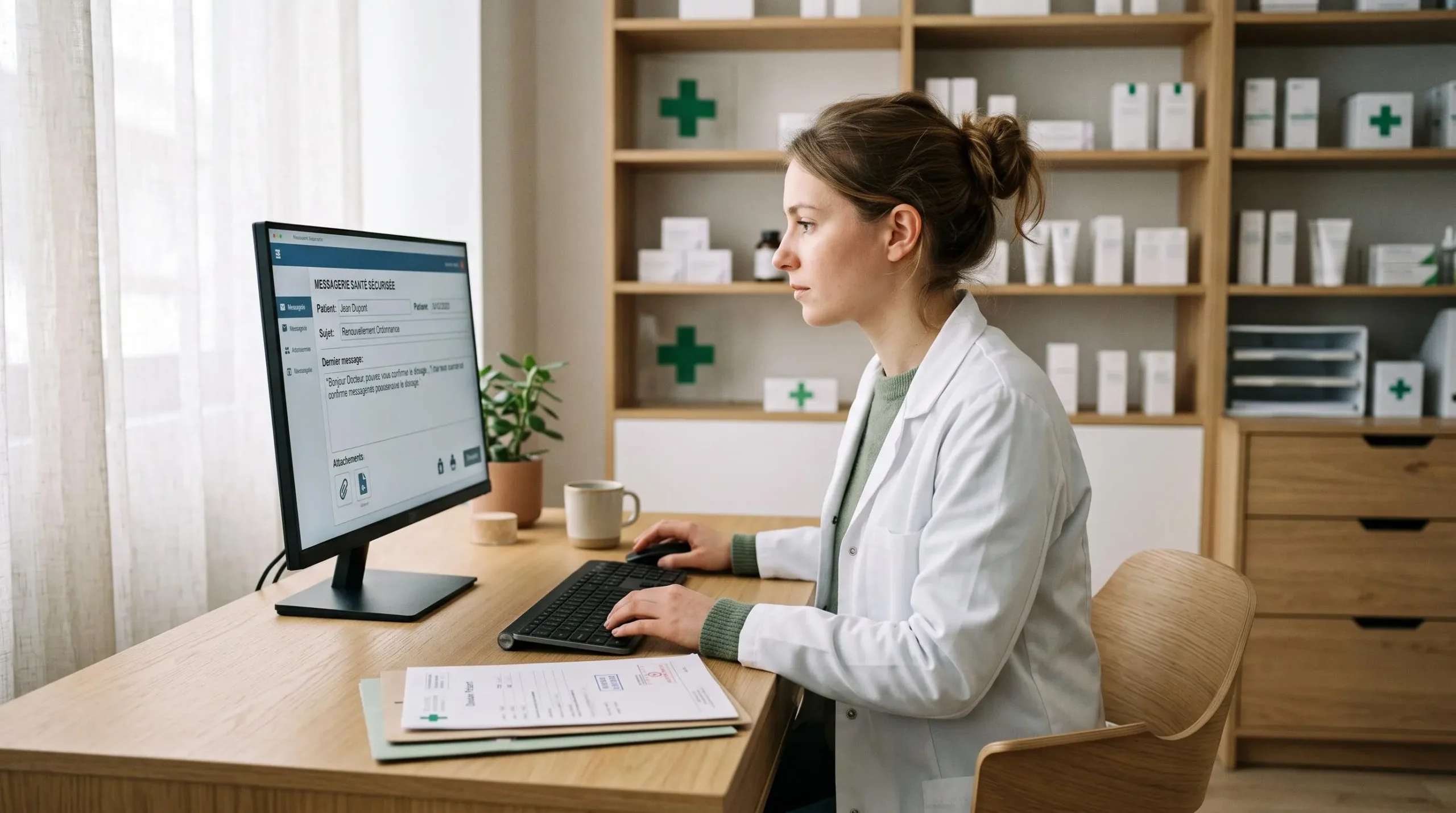 Jeune pharmacien consultant une messagerie sécurisée de santé sur écran professionnel dans l'espace de travail de l'officine