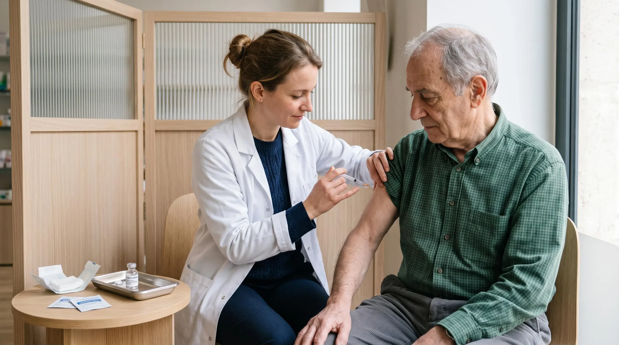 Pharmacien administrant un vaccin à un patient senior dans un espace de consultation dédié au sein de l'officine