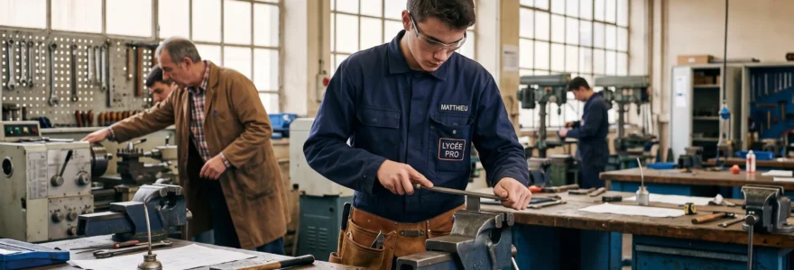 Un apprenti travaille sur un établi dans un atelier de formation professionnel.