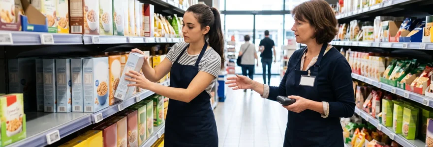 Un apprenti range des produits en rayon dans un supermarché accompagné d'un vendeur.