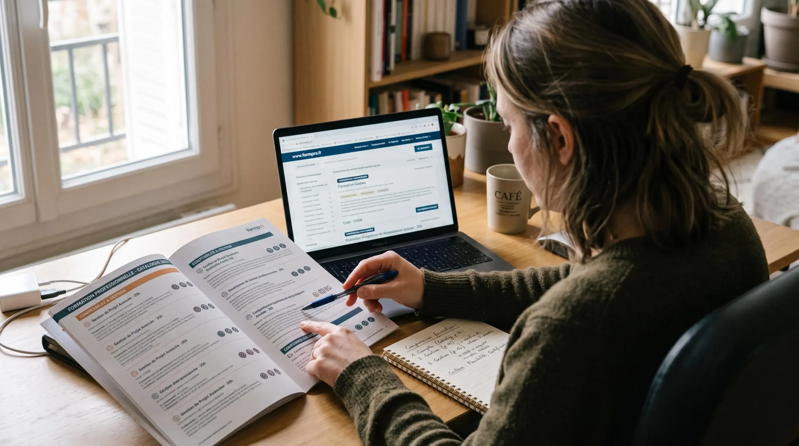 Une femme compare des catalogues de formations professionnelles sur son ordinateur portable à son domicile.