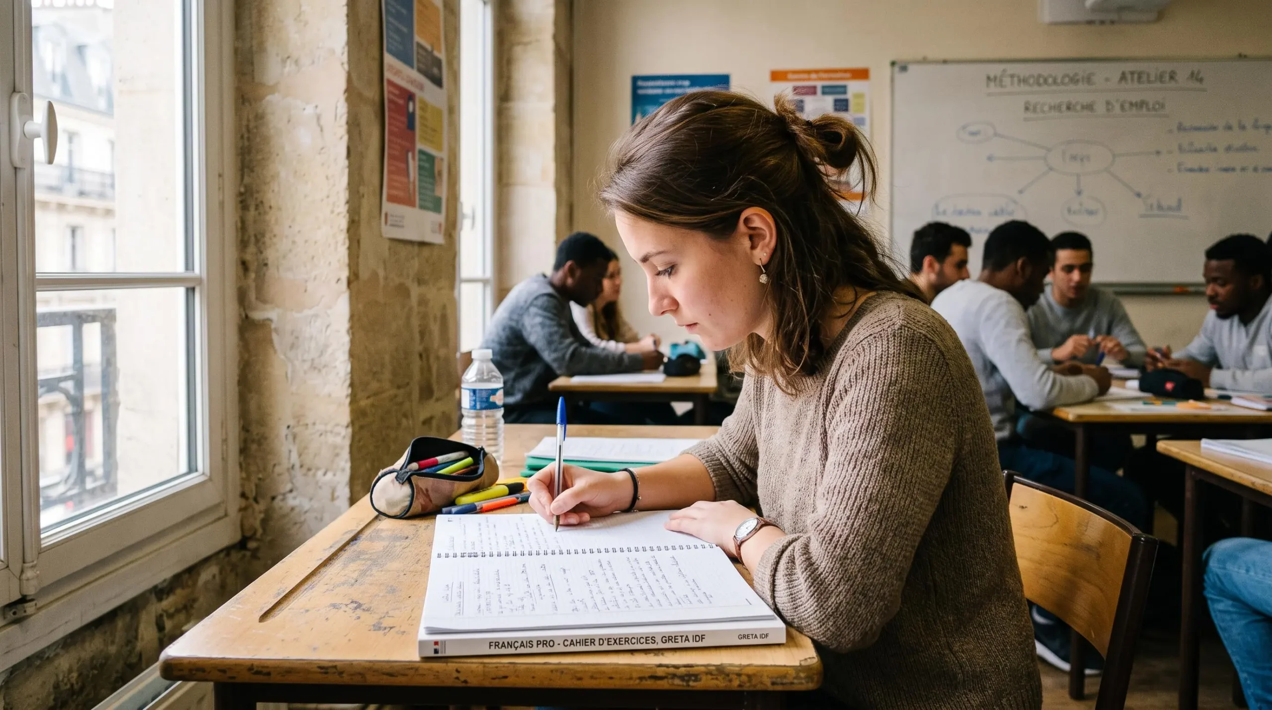 Une étudiante prend des notes dans une salle de cours d'un centre de formation.