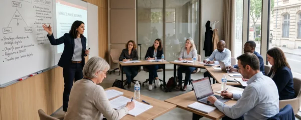 Un formateur anime une session de formation professionnelle devant des adultes dans une salle lumineuse.