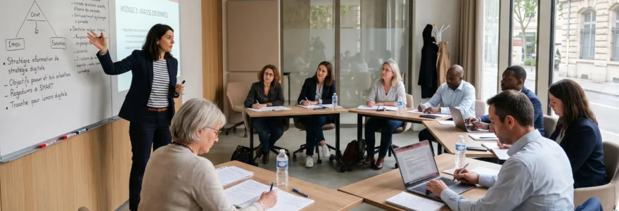 Un formateur anime une session de formation professionnelle devant des adultes dans une salle lumineuse.
