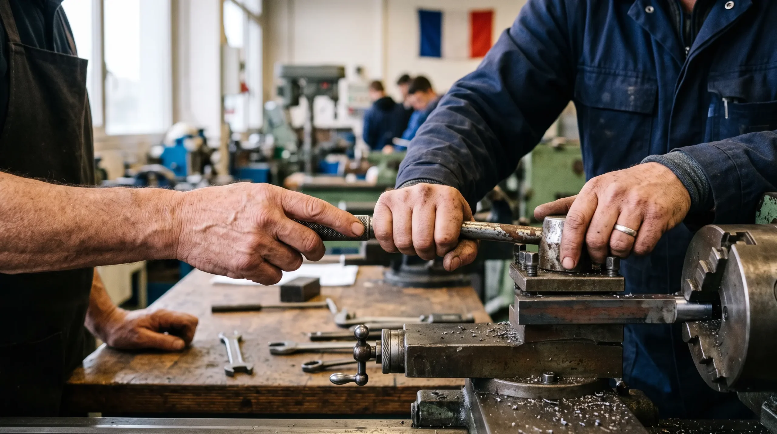 Les mains d'un stagiaire manipulent un outil professionnel sur un plan de travail lors d'un atelier pratique.